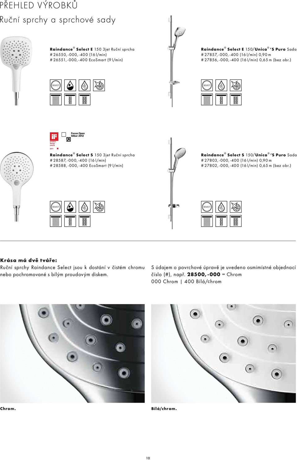 ) Raindance Select S 150 3jet Ruční sprcha # 28587, -000, -400 (16 l/min) # 28588, -000, -400 EcoSmart (9 l/min) Raindance Select S 150/Unica S Puro Sada # 27803, -000, -400 (16 l/min) 0,90 m #