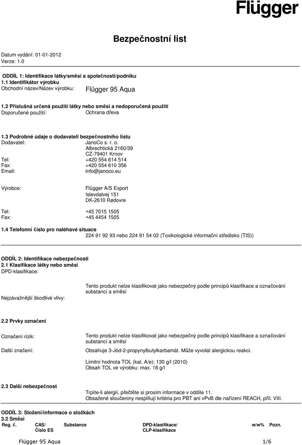 +420 554 614 514 Fax: +420 554 610 356 Email: info@janocoeu Výrobce: Flügger A/S Export Islevdalvej 151 DK2610 Rødovre Tel: +45 7015 1505 Fax: +45 4454 1505 14 Telefonní číslo pro naléhavé situace