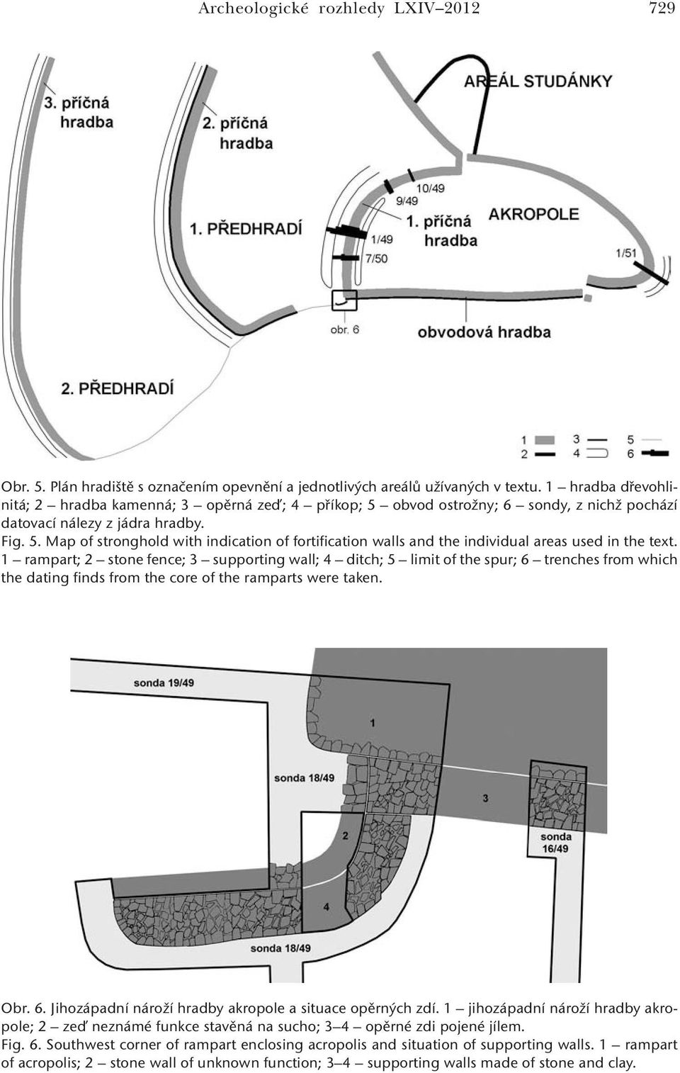 1 rampart; 2 stone fence; 3 supporting wall; 4 ditch; 5 limit of the spur; 6 trenches from which the dating finds from the core of the ramparts were taken. Obr. 6. Jihozápadní nároží hradby akropole a situace opěrných zdí.