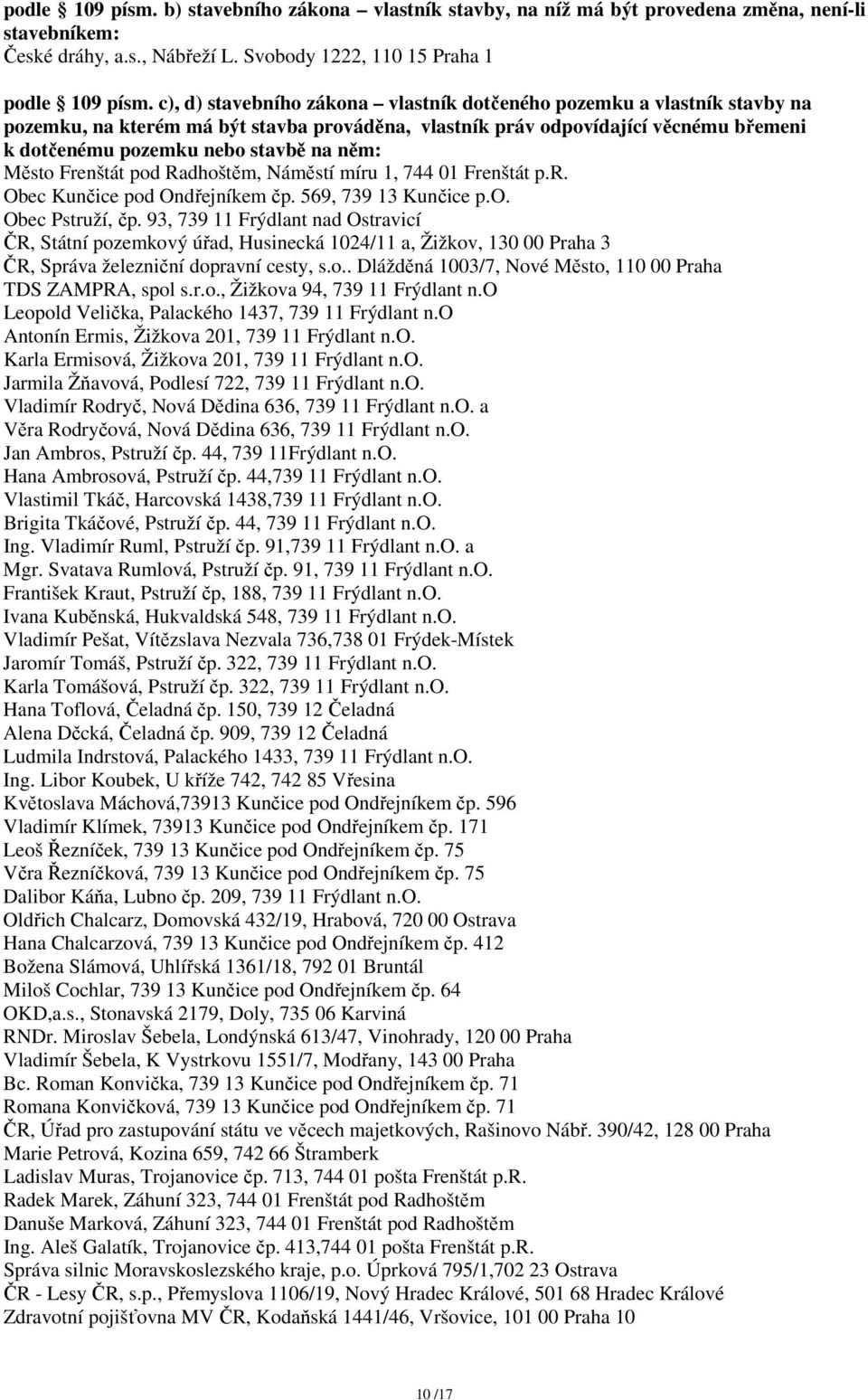 Město Frenštát pod Radhoštěm, Náměstí míru 1, 744 01 Frenštát p.r. Obec Kunčice pod Ondřejníkem čp. 569, 739 13 Kunčice p.o. Obec Pstruží, čp.