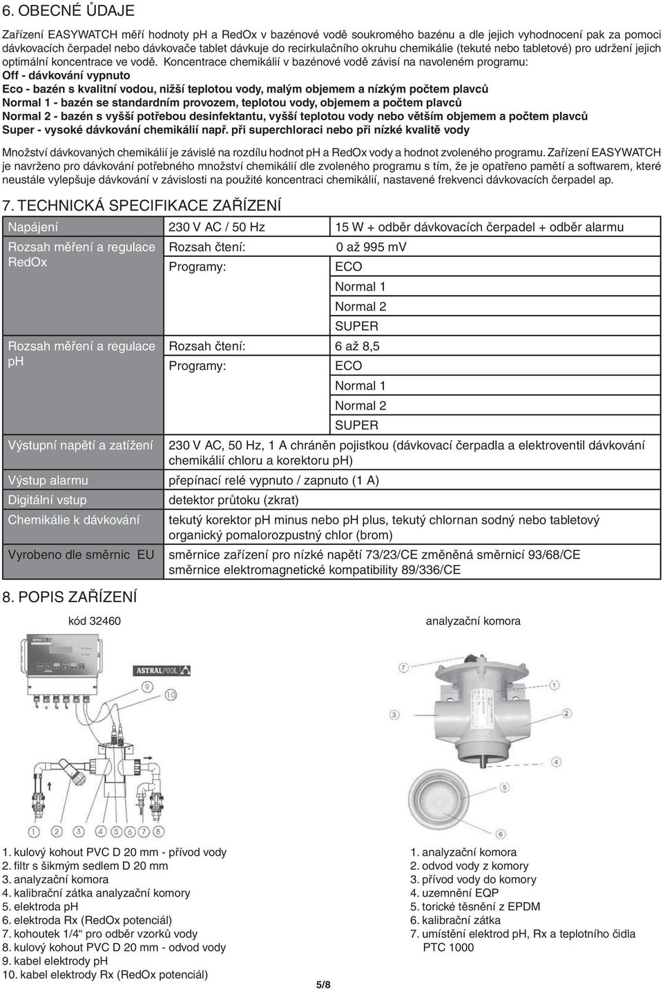 Koncentrace chemikálií v bazénové vodě závisí na navoleném programu: Off - dávkování vypnuto Eco - bazén s kvalitní vodou, nižší teplotou vody, malým objemem a nízkým počtem plavců Normal 1 - bazén