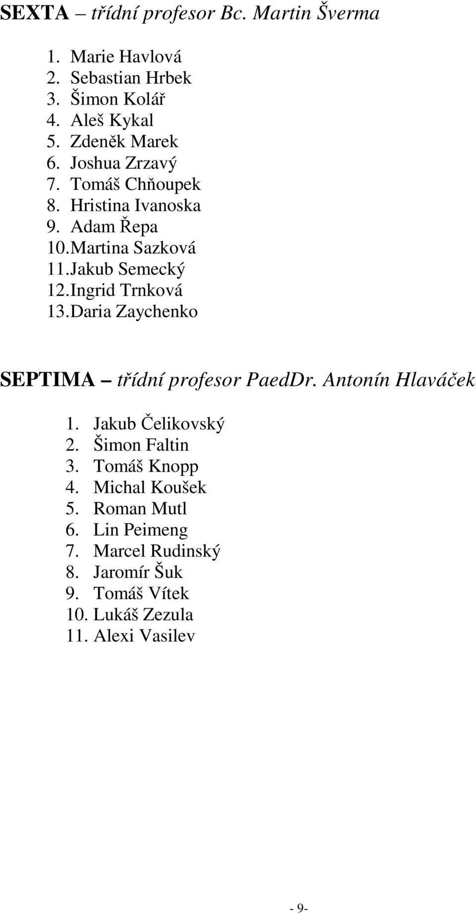 Daria Zaychenko SEPTIMA třídní profesor PaedDr. Antonín Hlaváček 1. Jakub Čelikovský 2. Šimon Faltin 3. Tomáš Knopp 4.