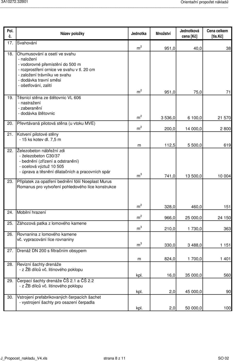 P evrtávaná pilotová st na (u vtoku MVE) 21. Kotvení pilotové st ny - 15 ks kotev dl. 7,5 m 22.