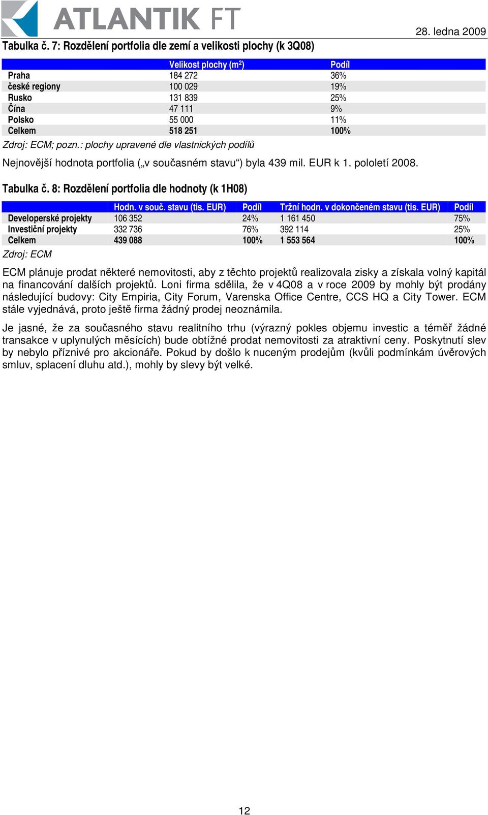 100% Zdroj: ECM; pozn.: plochy upravené dle vlastnických podíl Nejnovjší hodnota portfolia ( v souasném stavu ) byla 439 mil. EUR k 1. pololetí 2008.  8: Rozdlení portfolia dle hodnoty (k 1H08) Hodn.