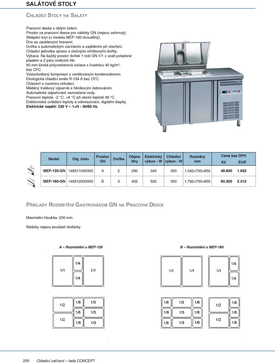 60 široká polyuretanová izolace s hustotou 40 kg/m 3, bez CFC. Elektrické napětí: 230 V 1+N - 50/60 Hz. Model Obj. číslo Prostor GN Dvířka MEP-135-GN 148511000000 A 2 290 345 300 1,342 700 850 48.