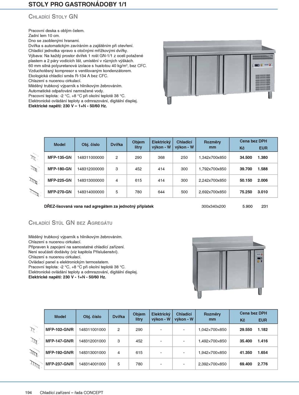 60 silná polyuretanová izolace s hustotou 40 kg/m 3, bez CFC. Elektrické napětí: 230 V 1+N - 50/60 Hz. Model Obj. číslo Dvířka MFP-135-GN 148311000000 2 290 368 250 1,342x700x850 34.500 1.