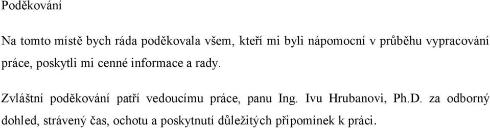 Zvláštní poděkování patří vedoucímu práce, panu Ing. Ivu Hrubanovi, Ph.D.