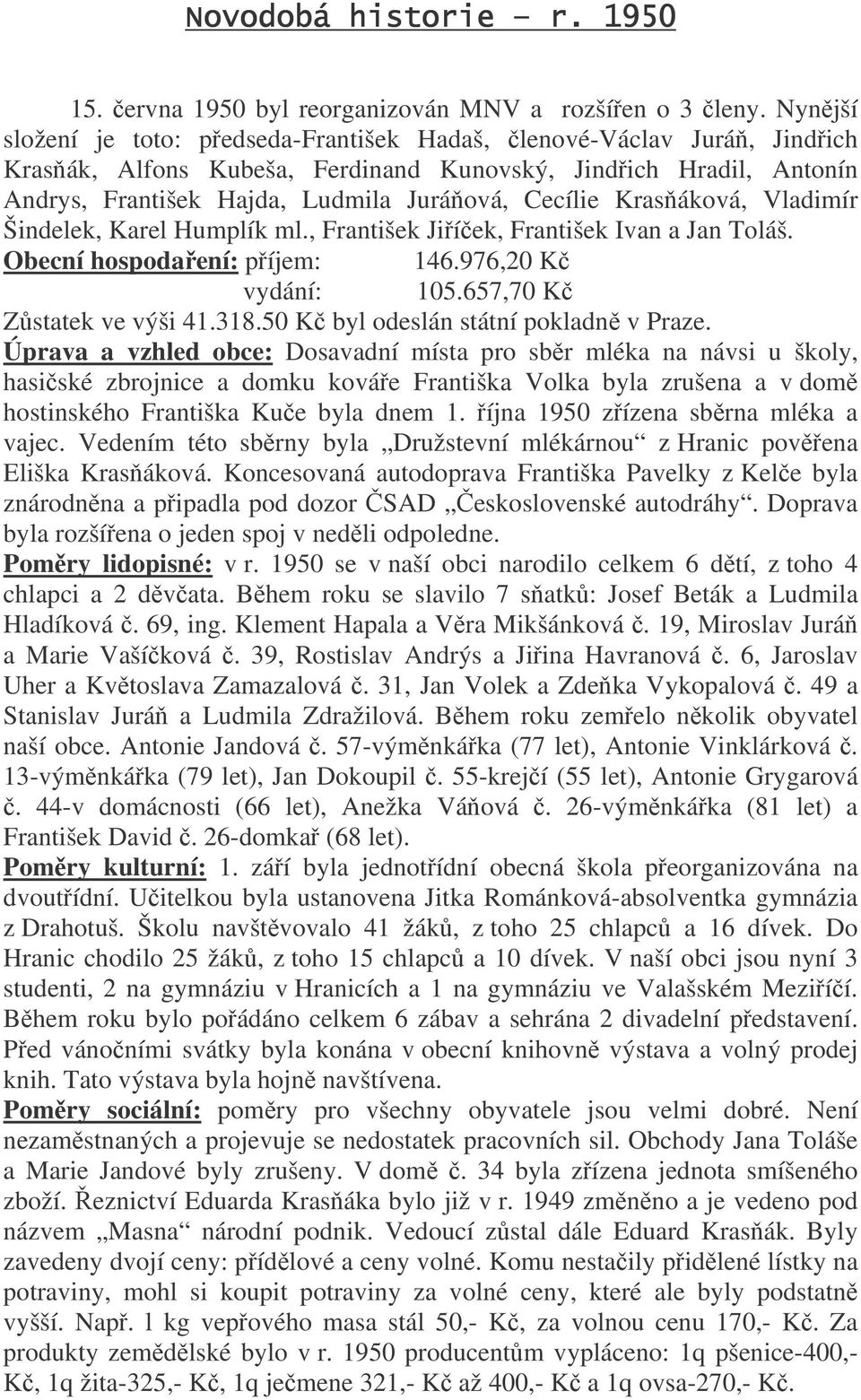 Krasáková, Vladimír Šindelek, Karel Humplík ml., František Jiíek, František Ivan a Jan Toláš. Obecní hospodaení: píjem: 146.976,20 K vydání: 105.657,70 K Zstatek ve výši 41.318.