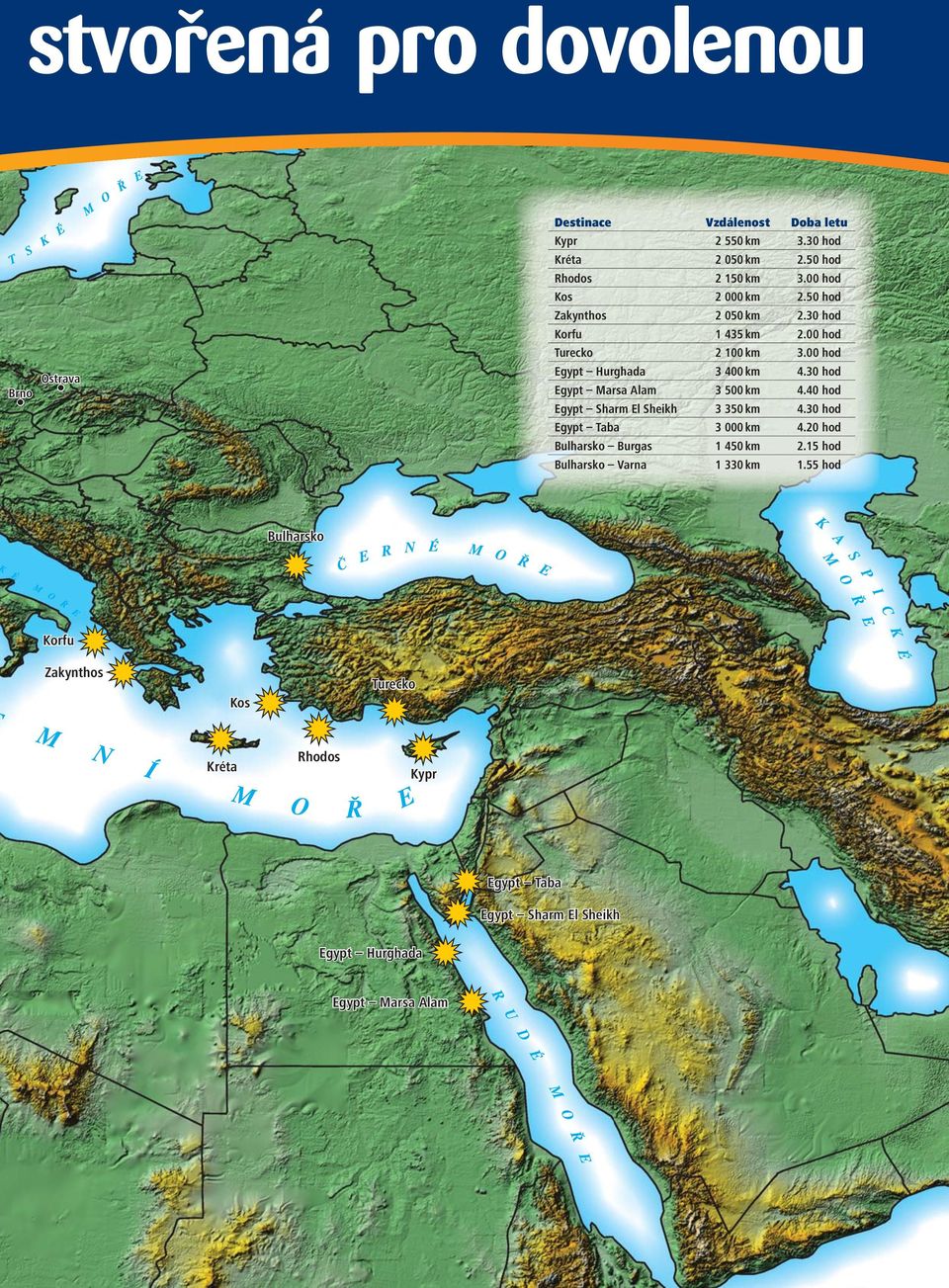 30 hod Egypt Marsa Alam 3 500 km 4.40 hod Egypt Sharm El Sheikh 3 350 km 4.30 hod Egypt Taba 3 000 km 4.20 hod Bulharsko Burgas 1 450 km 2.