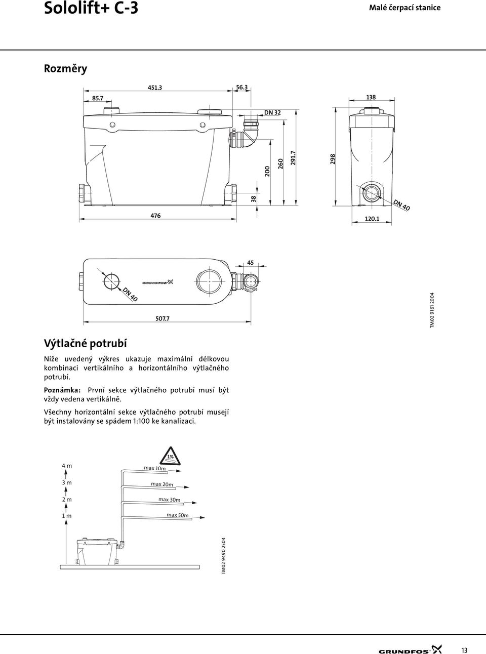 výtlačného potrubí. Poznámka: První sekce výtlačného potrubí musí být vždy vedena vertikálně.