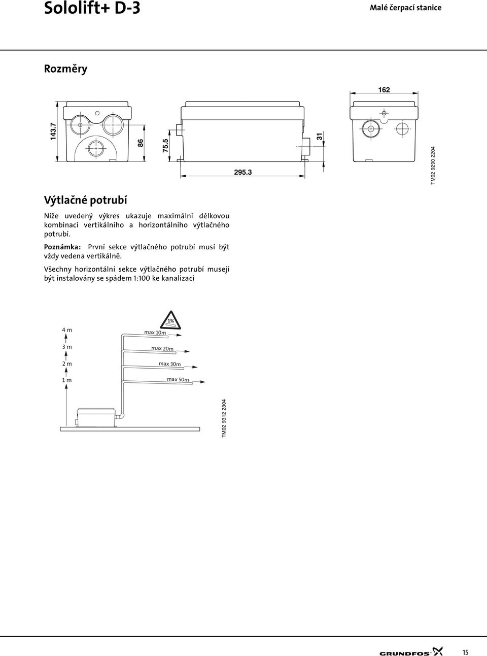 horizontálního výtlačného potrubí. Poznámka: První sekce výtlačného potrubí musí být vždy vedena vertikálně.