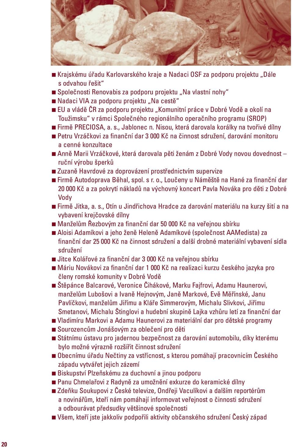 Nisou, která darovala korálky na tvořivé dílny Petru Vrzáčkovi za finanční dar 3 000 Kč na činnost sdružení, darování monitoru a cenné konzultace Anně Marii Vrzáčkové, která darovala pěti ženám z