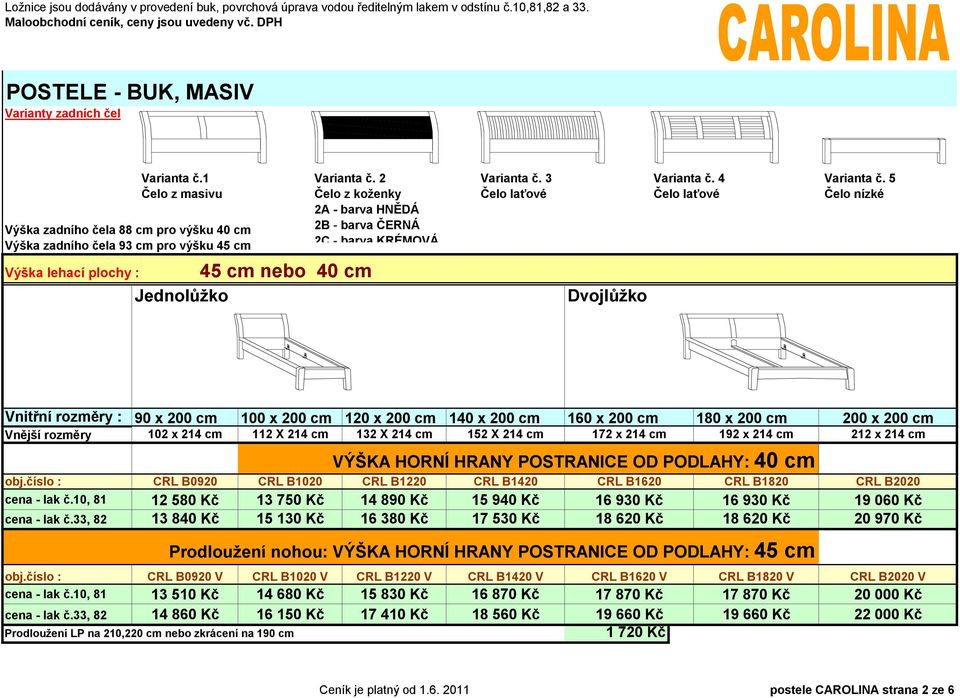 3 Čelo laťové Varianta č. 5 Čelo nízké 45 cm nebo 40 cm Jednolůžko Vnitřní rozměry : 90 x 200 cm Vnější rozměry Varianta č.