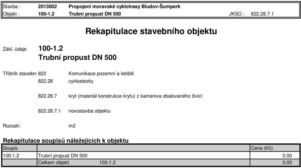 2 Trubní propust DN 500 Rekapitulace stavebního objektu Třídník stavebních 822objekt Komunikace pozemní a letiště 822.