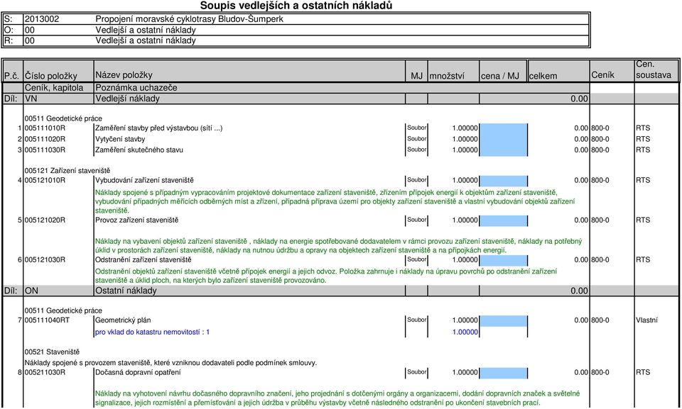 soustava 00511 Geodetické práce 1 005111010R Zaměření stavby před výstavbou (sítí...) Soubor 1.00000 800-0 RTS 2 005111020R Vytyčení stavby Soubor 1.