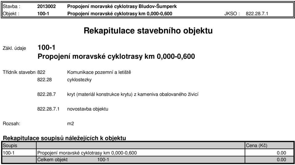 údaje 100-1 Rekapitulace stavebního objektu Propojení moravské cyklotrasy km 0,000-0,600 Třídník stavebních 822objekt Komunikace pozemní a