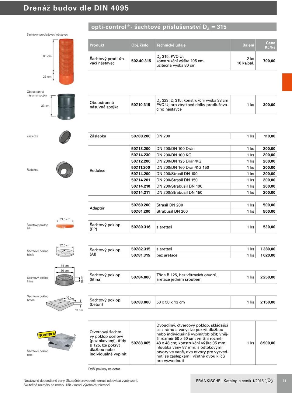 315 D A 323; D I 315; konstrukční výška 33 cm; PVC-U; pro zbytkové délky prodlužovacího nástavce 1 ks 300,00 Záslepka Záslepka 507.80.200 DN 200 1 ks 110,00 507.13.