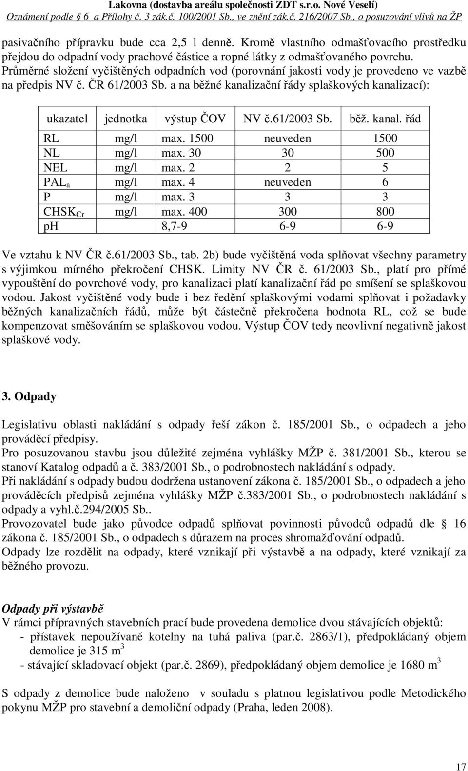 61/2003 Sb. bž. kanal. ád RL mg/l max. 1500 neuveden 1500 NL mg/l max. 30 30 500 NEL mg/l max. 2 2 5 PAL a mg/l max. 4 neuveden 6 P mg/l max. 3 3 3 CHSK Cr mg/l max.