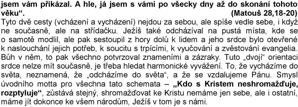 Ježíš také odcházíval na pustá místa, kde se o samotě modlil, ale pak sestoupil z hory dolů k lidem a jeho srdce bylo otevřené k naslouchání jejich potřeb, k soucitu s trpícími, k vyučování a