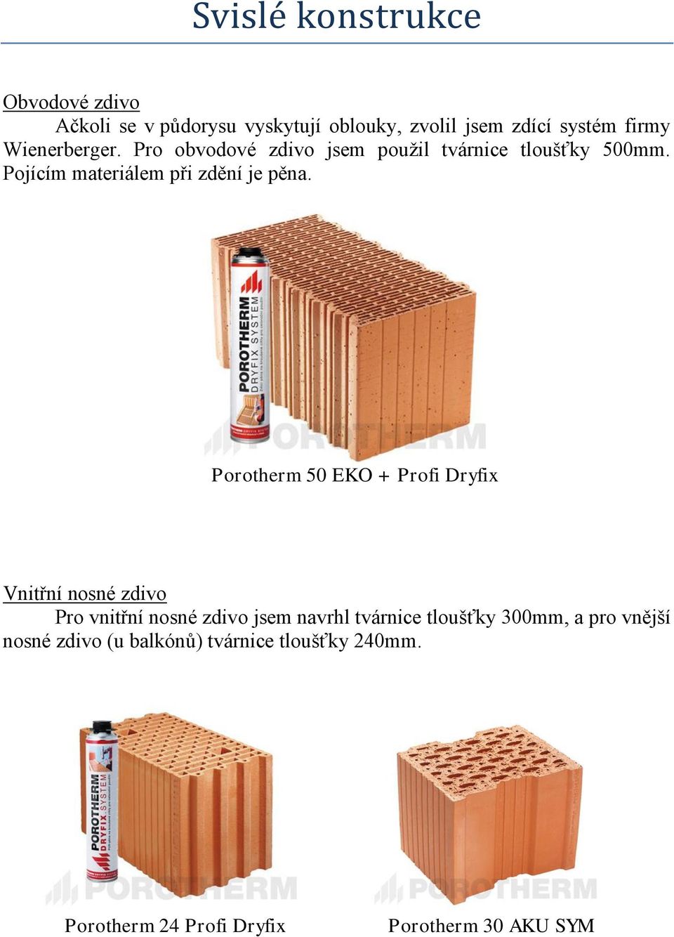 Porotherm 50 EKO + Profi Dryfix Vnitřní nosné zdivo Pro vnitřní nosné zdivo jsem navrhl tvárnice tloušťky