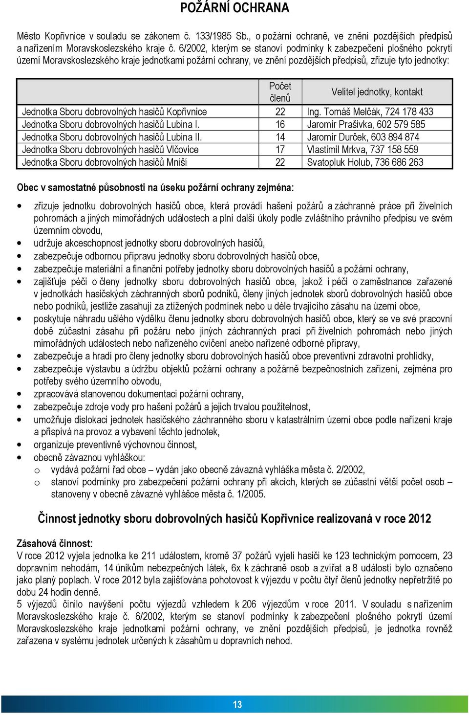 jednotky, kontakt Jednotka Sboru dobrovolných hasičů Kopřivnice 22 Ing. Tomáš Melčák, 724 178 433 Jednotka Sboru dobrovolných hasičů Lubina I.