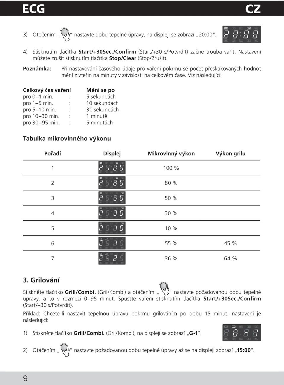 Poznámka: Při nastavování časového údaje pro vaření pokrmu se počet přeskakovaných hodnot mění z vteřin na minuty v závislosti na celkovém čase.