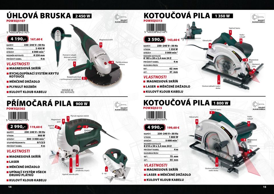 : mm o : mm LASER kulový kloub kabelu Odvod pilin Ocelová základní vodící deska Vodicí rukojeť Magnesiová Nastavení úhlu Přímočará PILA 900 W POWXQ0 990,- 9,0 LASER 0 0 V~ 0 Hz 900 W otáčky 00 000