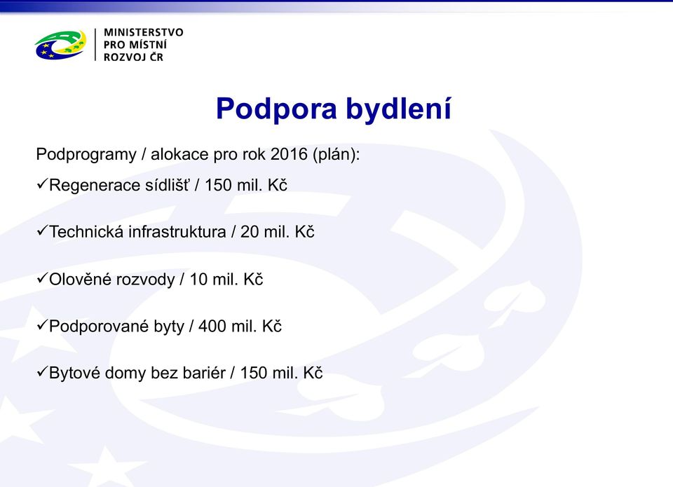 Kč Podpora bydlení ütechnická infrastruktura / 20 mil.