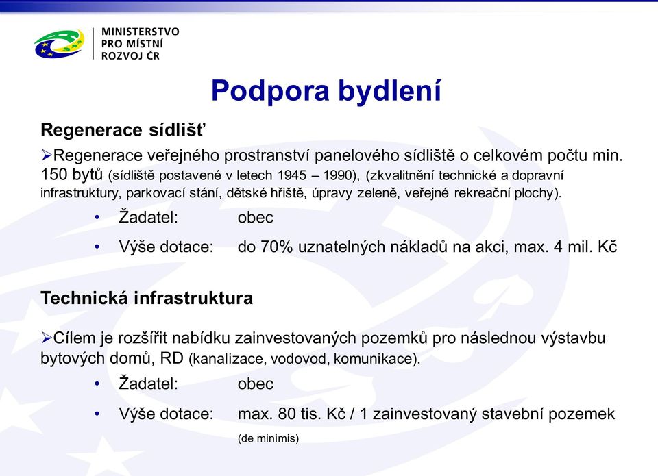 veřejné rekreační plochy). Žadatel: obec Výše dotace: do 70% uznatelných nákladů na akci, max. 4 mil.