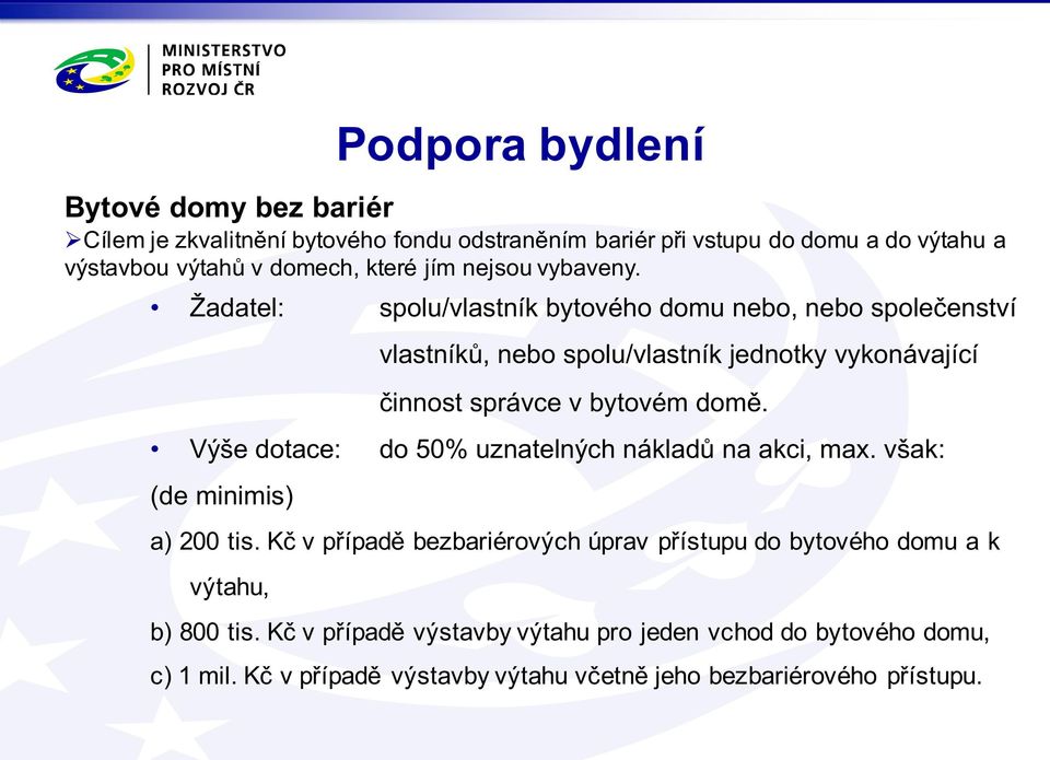 Žadatel: spolu/vlastník bytového domu nebo, nebo společenství vlastníků, nebo spolu/vlastník jednotky vykonávající činnost správce v bytovém domě.