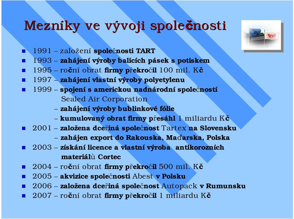 esáhl 1 miliardu K 2001 založena dce iná spole nost Tartex na Slovensku zahájen export do Rakouska, Ma arska, Polska 2003 získání licence a vlastní výroba antikorozních