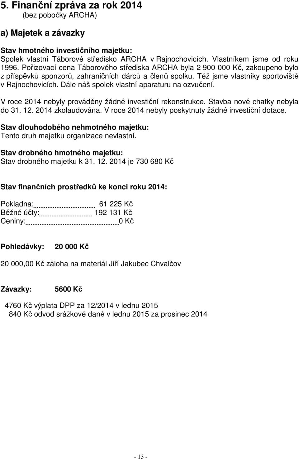 Dále náš spolek vlastní aparaturu na ozvučení. V roce 2014 nebyly prováděny žádné investiční rekonstrukce. Stavba nové chatky nebyla do 31. 12. 2014 zkolaudována.