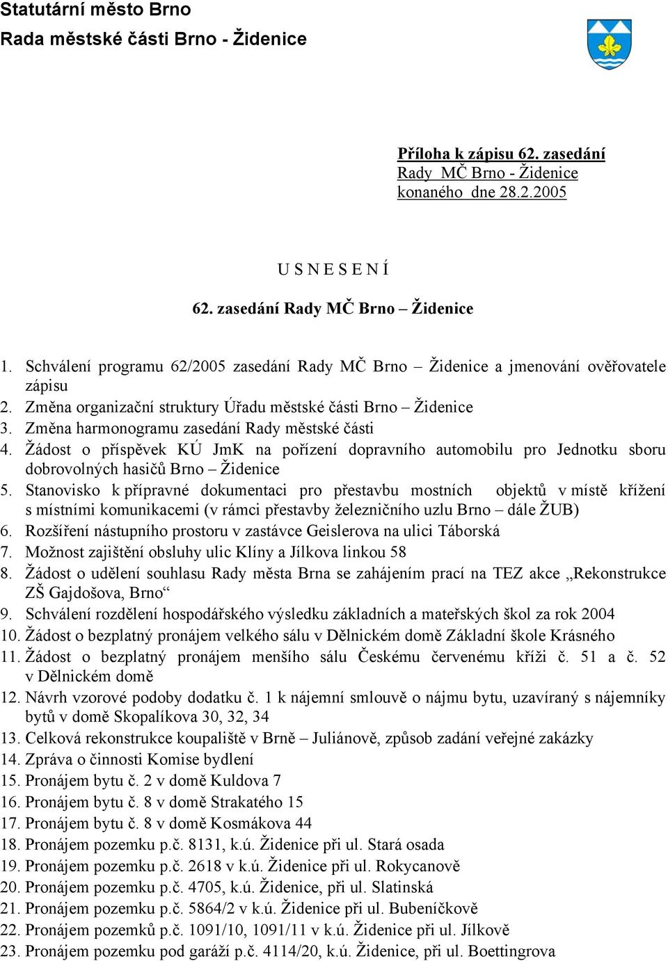 Změna harmonogramu zasedání Rady městské části 4. Žádost o příspěvek KÚ JmK na pořízení dopravního automobilu pro Jednotku sboru dobrovolných hasičů Brno Židenice 5.