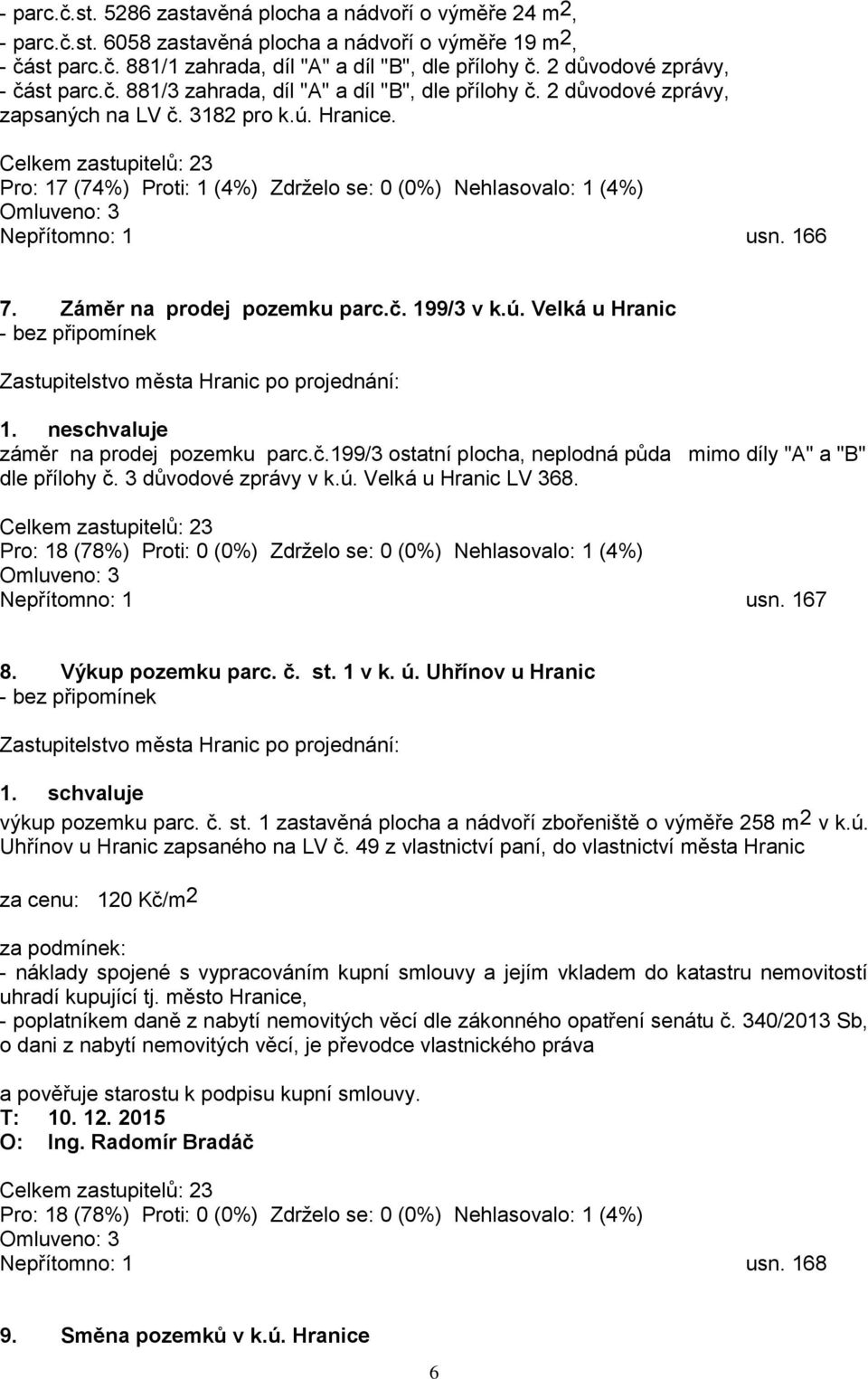 Pro: 17 (74%) Proti: 1 (4%) Zdrželo se: 0 (0%) Nehlasovalo: 1 (4%) Nepřítomno: 1 usn. 166 7. Záměr na prodej pozemku parc.č. 199/3 v k.ú. Velká u Hranic 1. neschvaluje záměr na prodej pozemku parc.č.199/3 ostatní plocha, neplodná půda mimo díly "A" a "B" dle přílohy č.