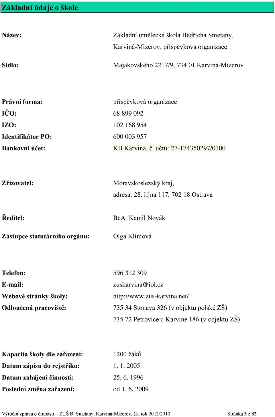 října 117, 702 18 Ostrava Ředitel: Zástupce statutárního orgánu: BcA. Kamil Novák Olga Klímová Telefon: 596 312 309 E-mail: zuskarvina@iol.cz Webové stránky školy: http://www.zus-karvina.