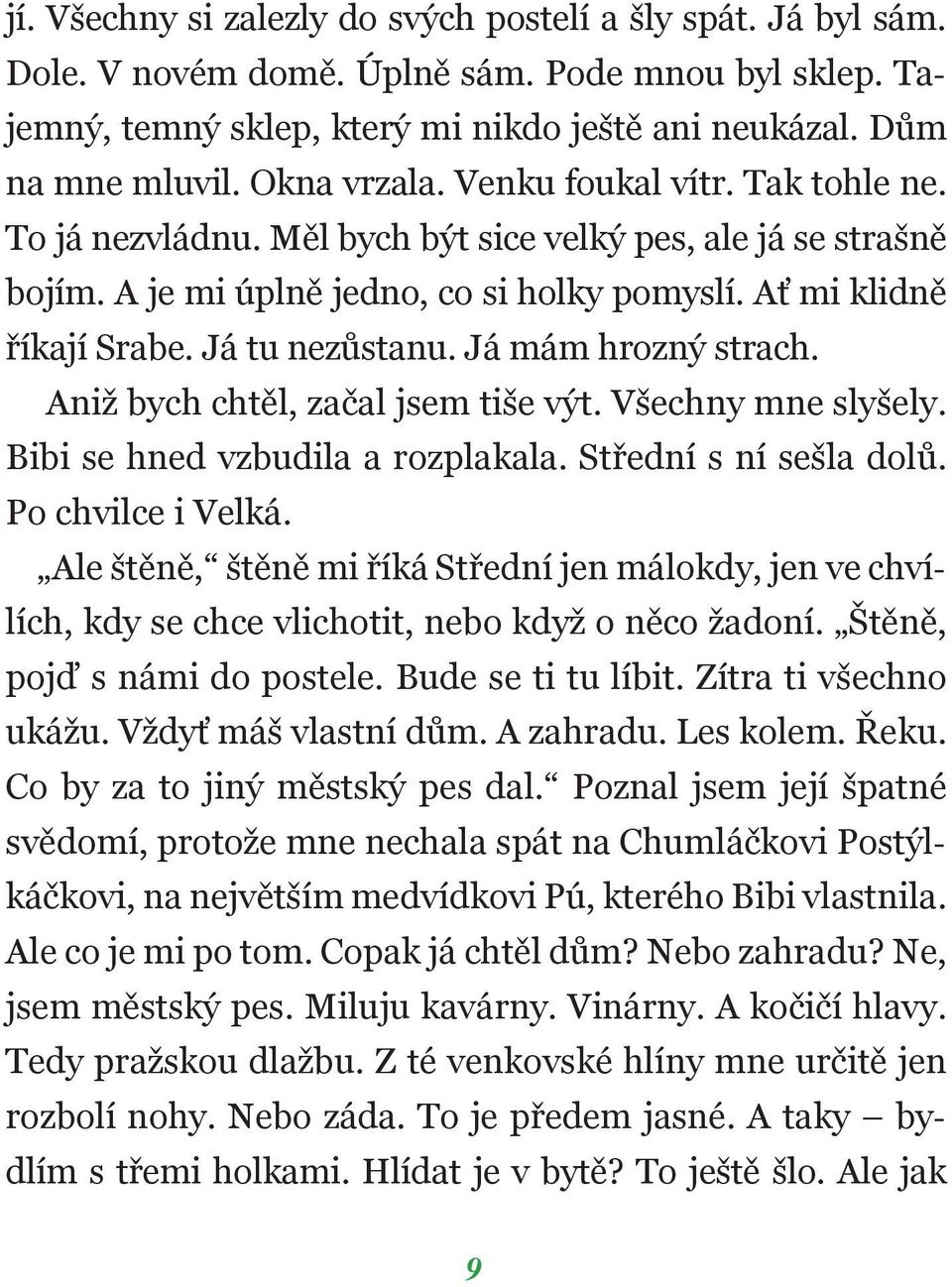 Já tu nezůstanu. Já mám hrozný strach. Aniž bych chtěl, začal jsem tiše výt. Všechny mne slyšely. Bibi se hned vzbudila a rozplakala. Střední s ní sešla dolů. Po chvilce i Velká.