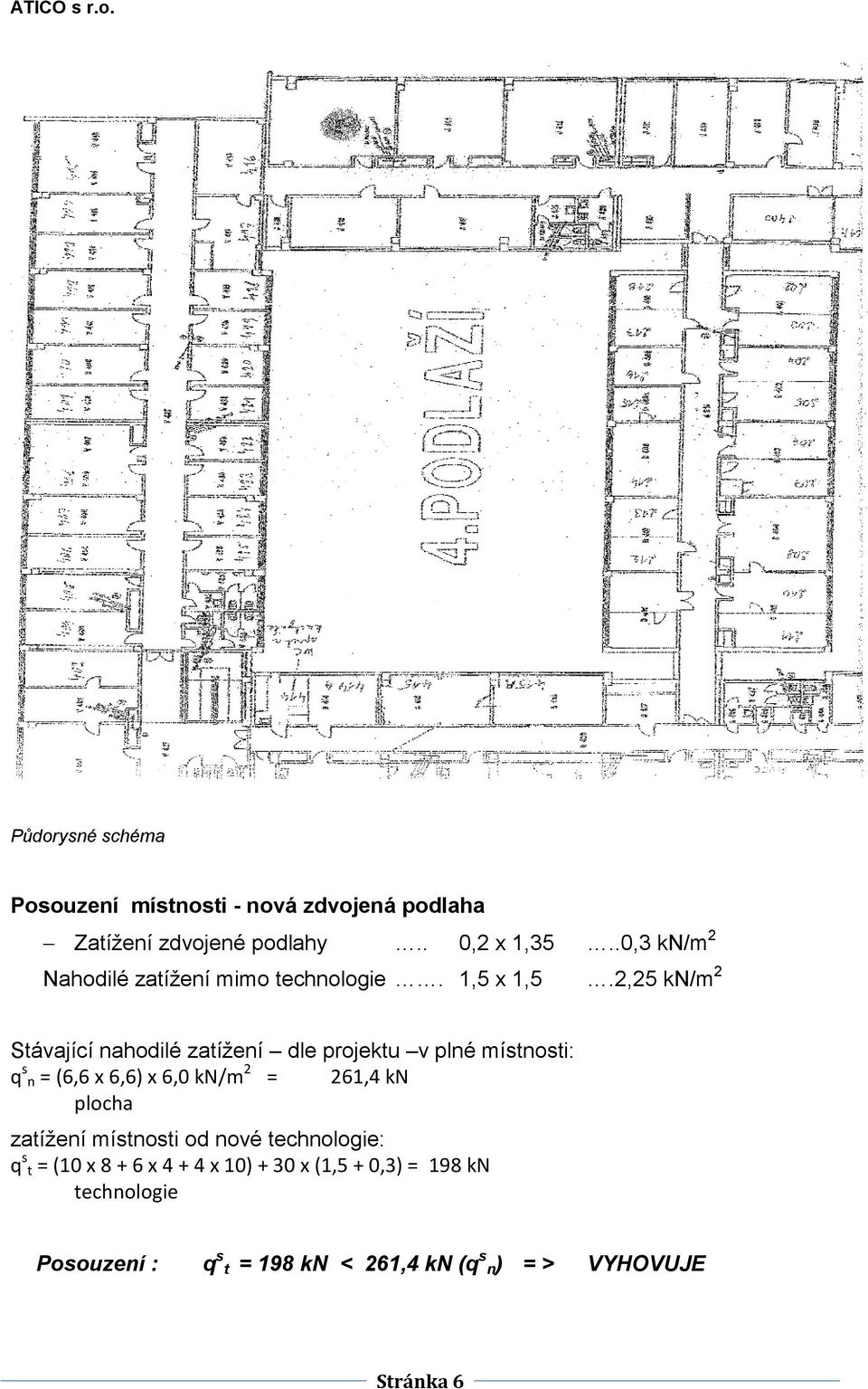 2,25 kn/m 2 Stávající nahodilé zatížení dle projektu v plné místnosti: q s n = (6,6 x 6,6) x 6,0 kn/m 2 = 261,4 kn