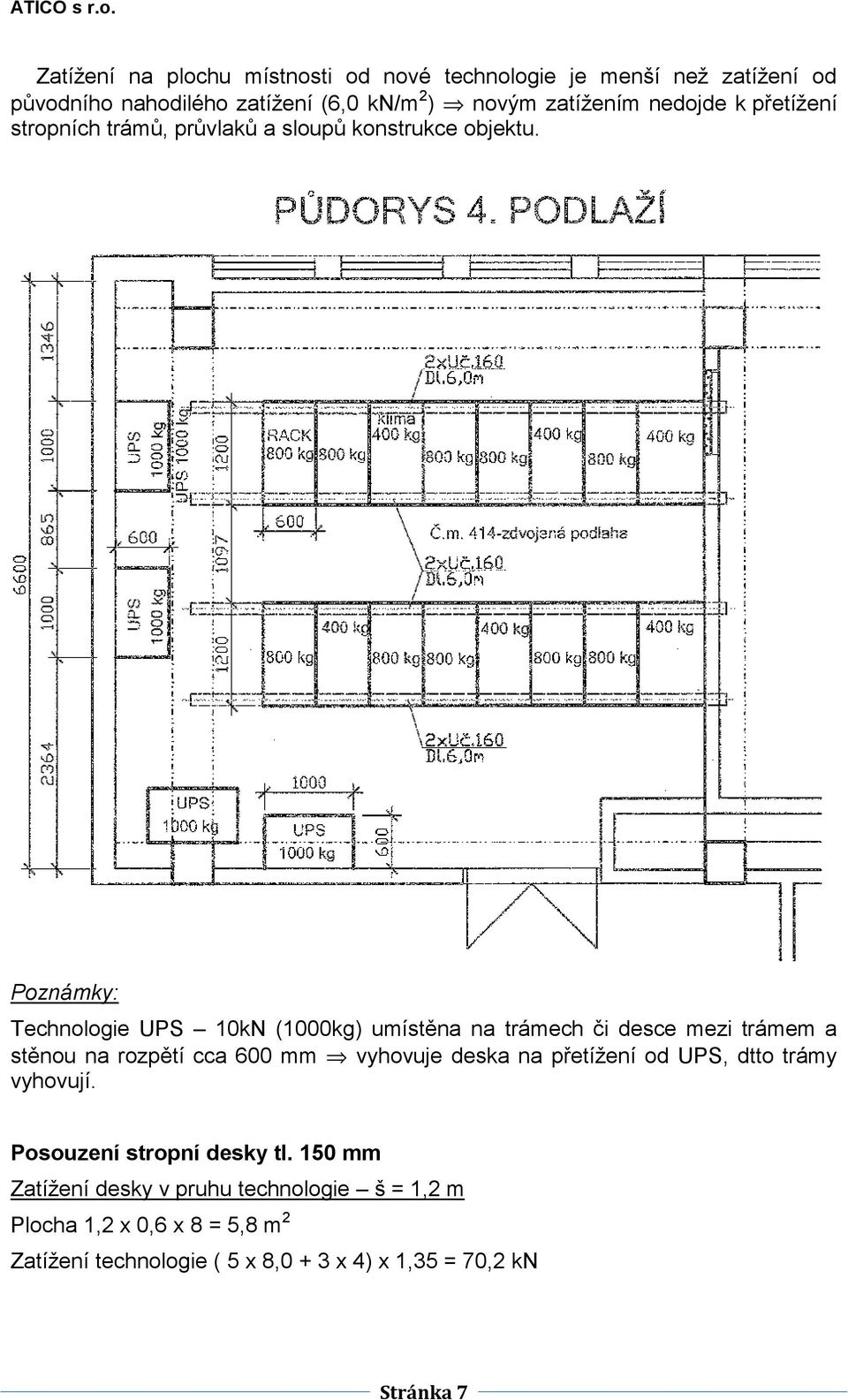 Poznámky: Technologie UPS 10kN (1000kg) umístěna na trámech či desce mezi trámem a stěnou na rozpětí cca 600 mm vyhovuje deska na