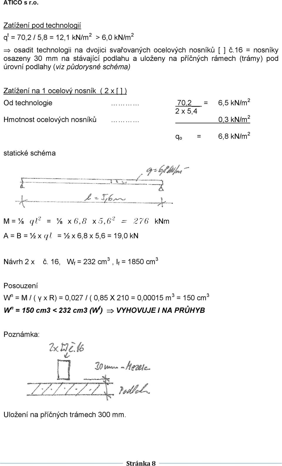 technologie 70,2 = 6,5 kn/m 2 2 x 5,4 Hmotnost ocelových nosníků 0,3 kn/m 2 statické schéma q o = 6,8 kn/m 2 M = ⅛ ql 2 = ⅛ x 6,8 x 5,6 2 = 276 knm A = B = ½ x ql = ½ x 6,8 x 5,6 =