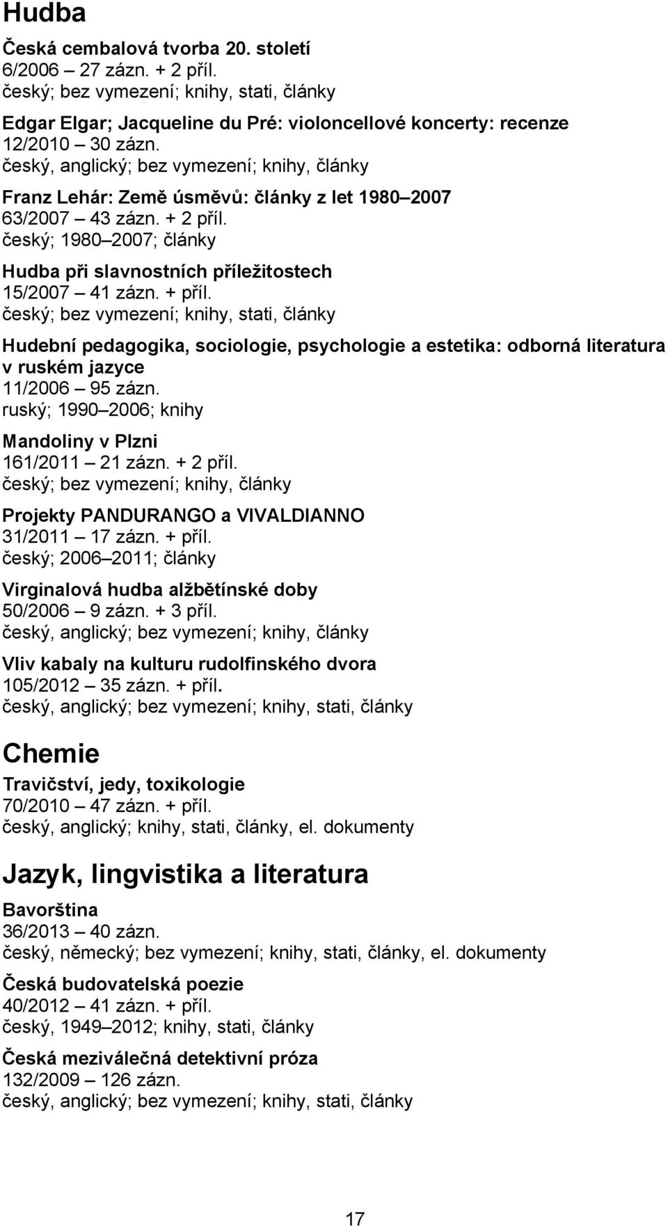 + příl. Hudební pedagogika, sociologie, psychologie a estetika: odborná literatura v ruském jazyce 11/2006 95 zázn. ruský; 1990 2006; knihy Mandoliny v Plzni 161/2011 21 zázn. + 2 příl.