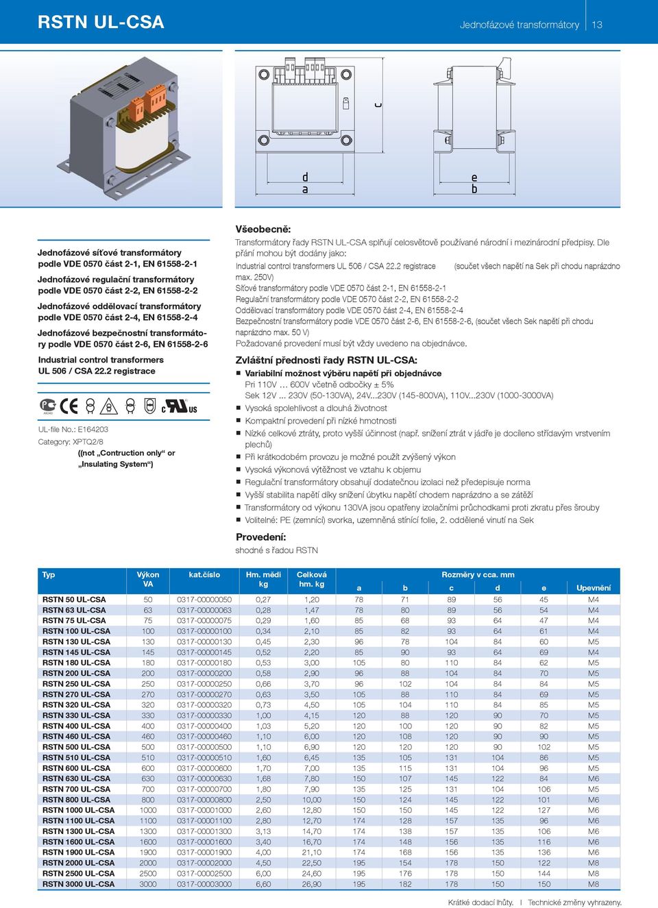 : E164203 Ctgory: XPTQ2/8 ((not Contruction only or Insulting Systm ) Všocně: Trnsformátory řy RSTN UL-CSA splňují closvětově používné nároní i mzinároní přpisy.