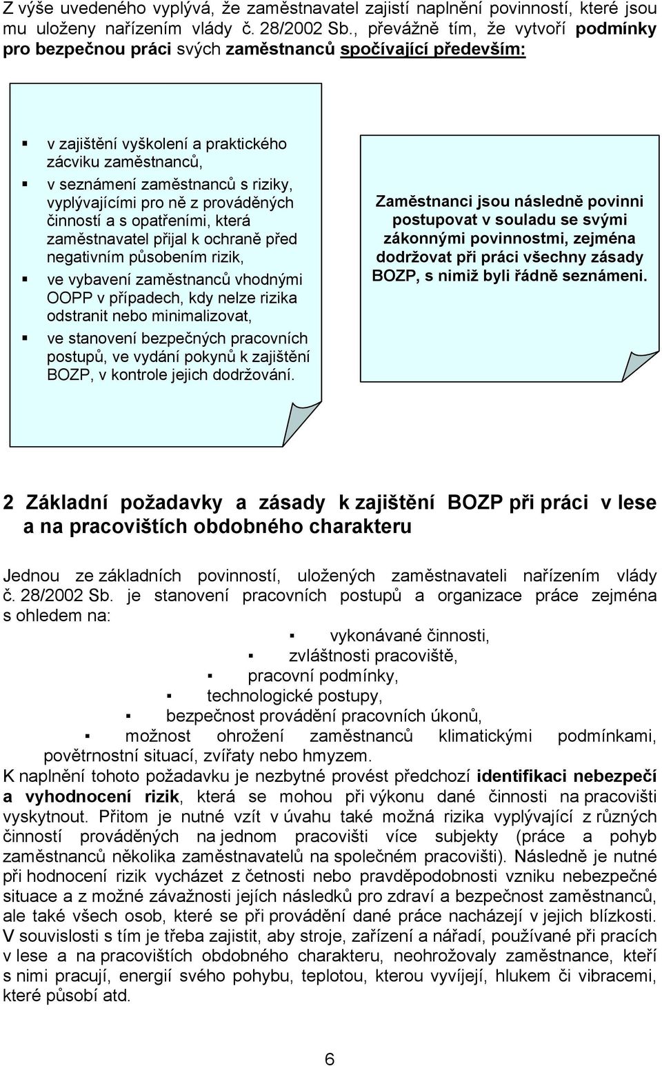 vyplývajícími pro ně z prováděných činností a s opatřeními, která zaměstnavatel přijal k ochraně před negativním působením rizik, ve vybavení zaměstnanců vhodnými OOPP v případech, kdy nelze rizika