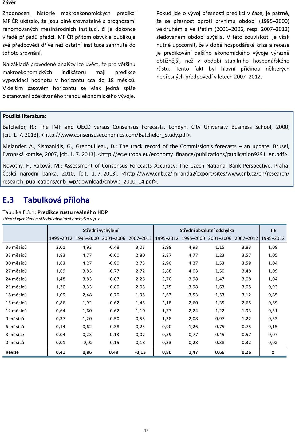 Na základě provedené analýzy lze uvés, že pro věšinu makroekonomických indikáorů mají predikce vypovídací hodnou v horizonu cca do 18 měsíců.