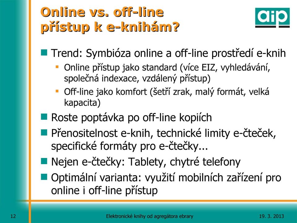 indexace, vzdálený přístup) Off-line jako komfort (šetří zrak, malý formát, velká kapacita) Roste poptávka po off-line