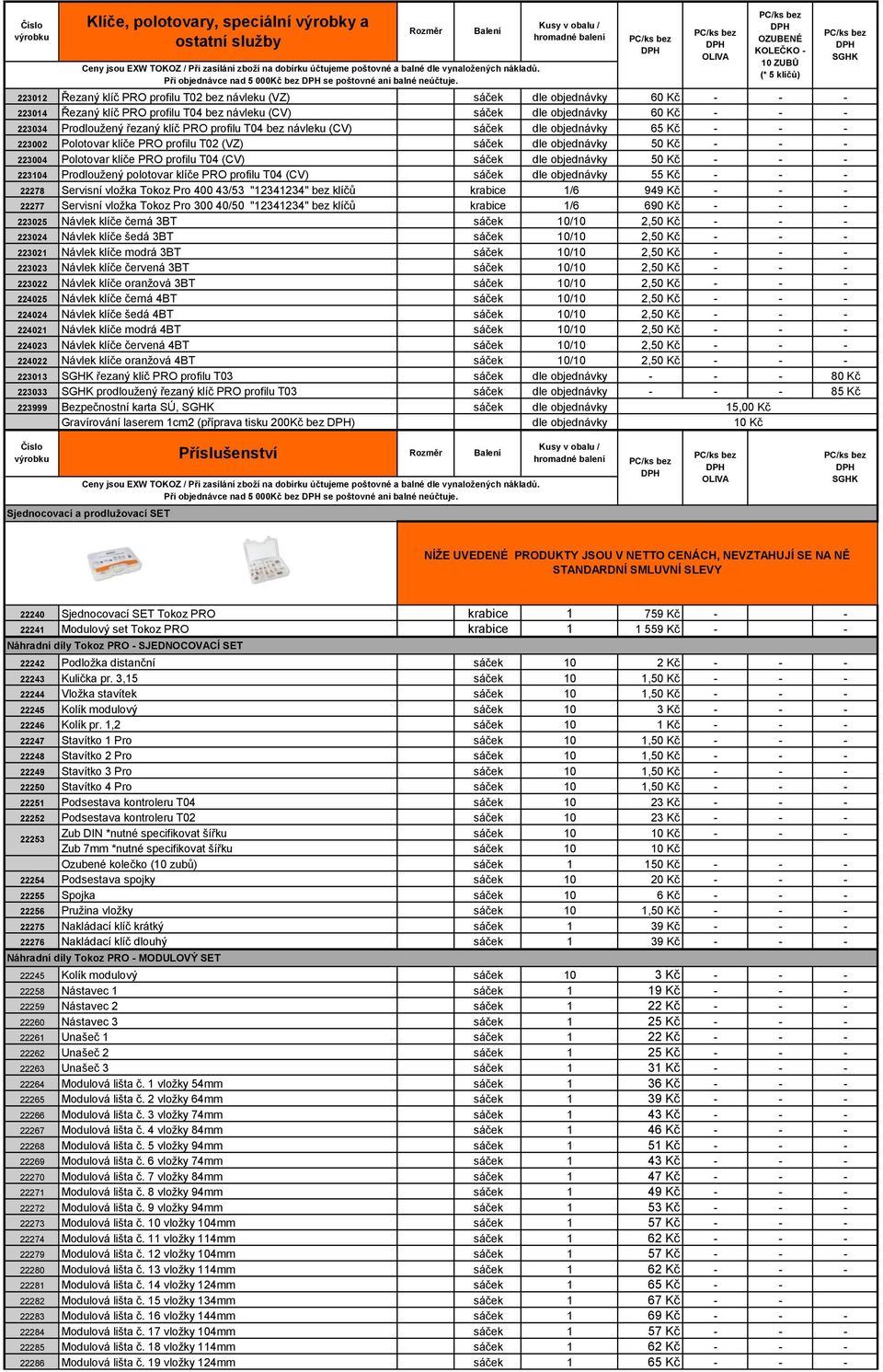 - 223004 Polotovar klíče PRO profilu T04 (CV) sáček dle objednávky 50 Kč - - - 223104 Prodloužený polotovar klíče PRO profilu T04 (CV) sáček dle objednávky 55 Kč - - - 22278 Servisní vložka Tokoz Pro