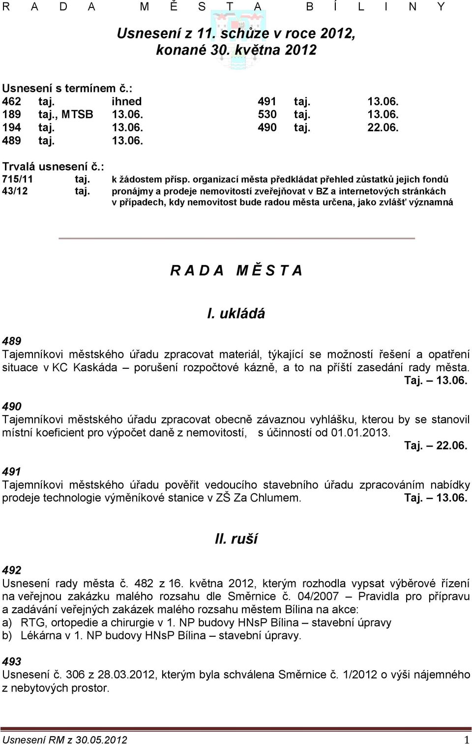 pronájmy a prodeje nemovitostí zveřejňovat v BZ a internetových stránkách v případech, kdy nemovitost bude radou města určena, jako zvlášť významná R A D A M Ě S T A I.