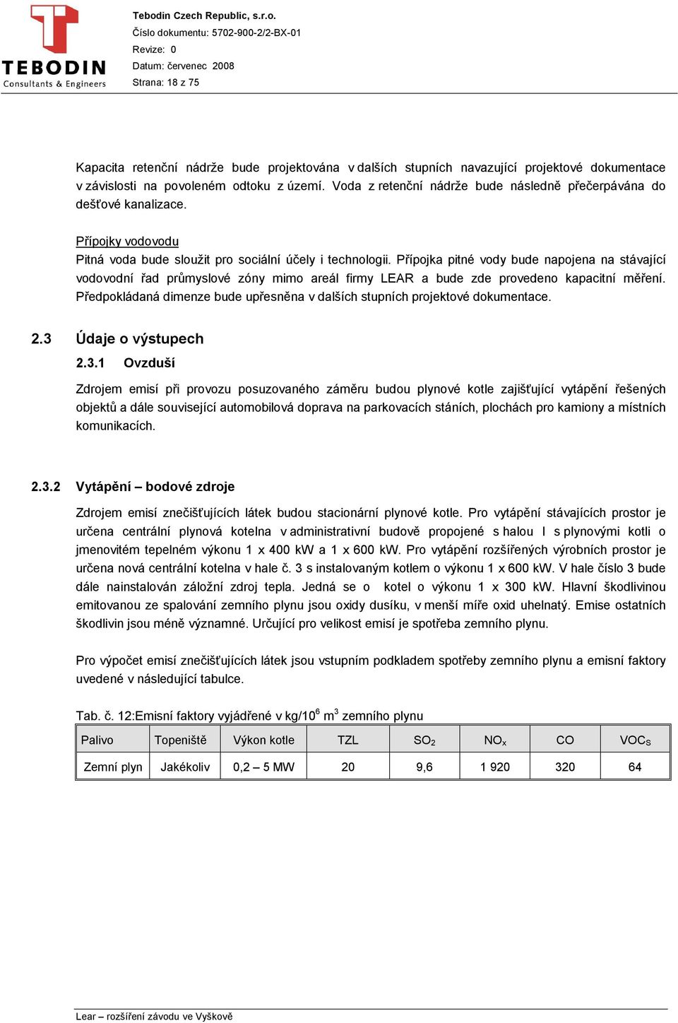 Přípojka pitné vody bude napojena na stávající vodovodní řad průmyslové zóny mimo areál firmy LEAR a bude zde provedeno kapacitní měření.