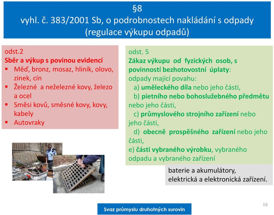 odst. 5 Zákaz výkupu od fyzických osob, s povinností bezhotovostní úplaty: odpady mající povahu: a) uměleckého díla nebo jeho části, b) pietního nebo bohoslužebného