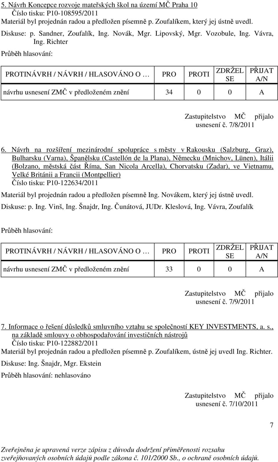 Návrh na rozšíření mezinárodní spolupráce s městy v Rakousku (Salzburg, Graz), Bulharsku (Varna), Španělsku (Castellón de la Plana), Německu (Mnichov, Lünen), Itálii (Bolzano, městská část Říma, San