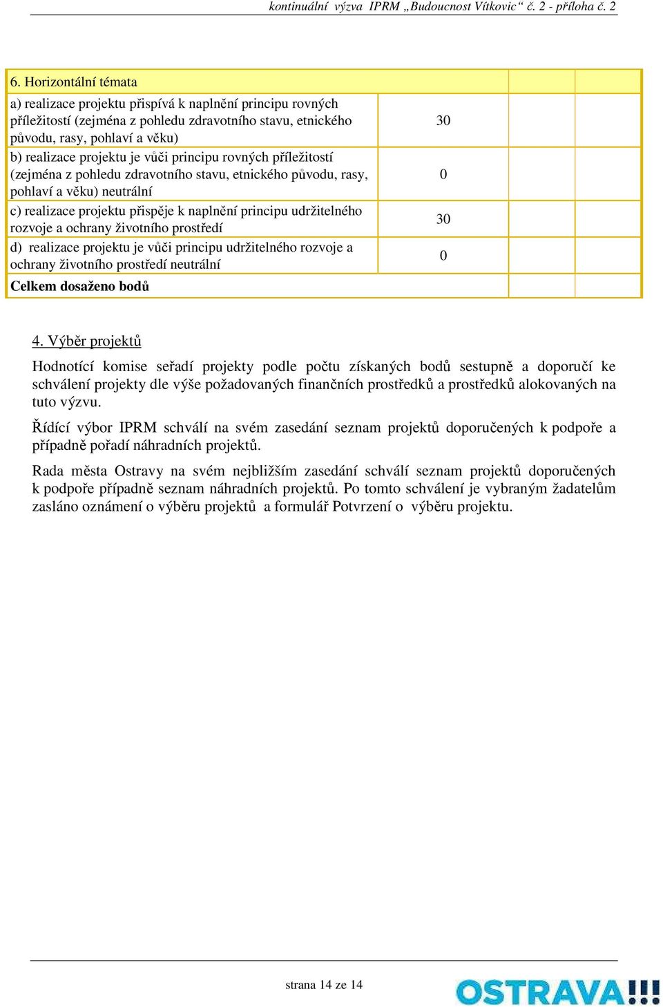 principu rovných příležitostí (zejména z pohledu zdravotního stavu, etnického původu, rasy, pohlaví a věku) neutrální c) realizace projektu přispěje k naplnění principu udržitelného rozvoje a ochrany